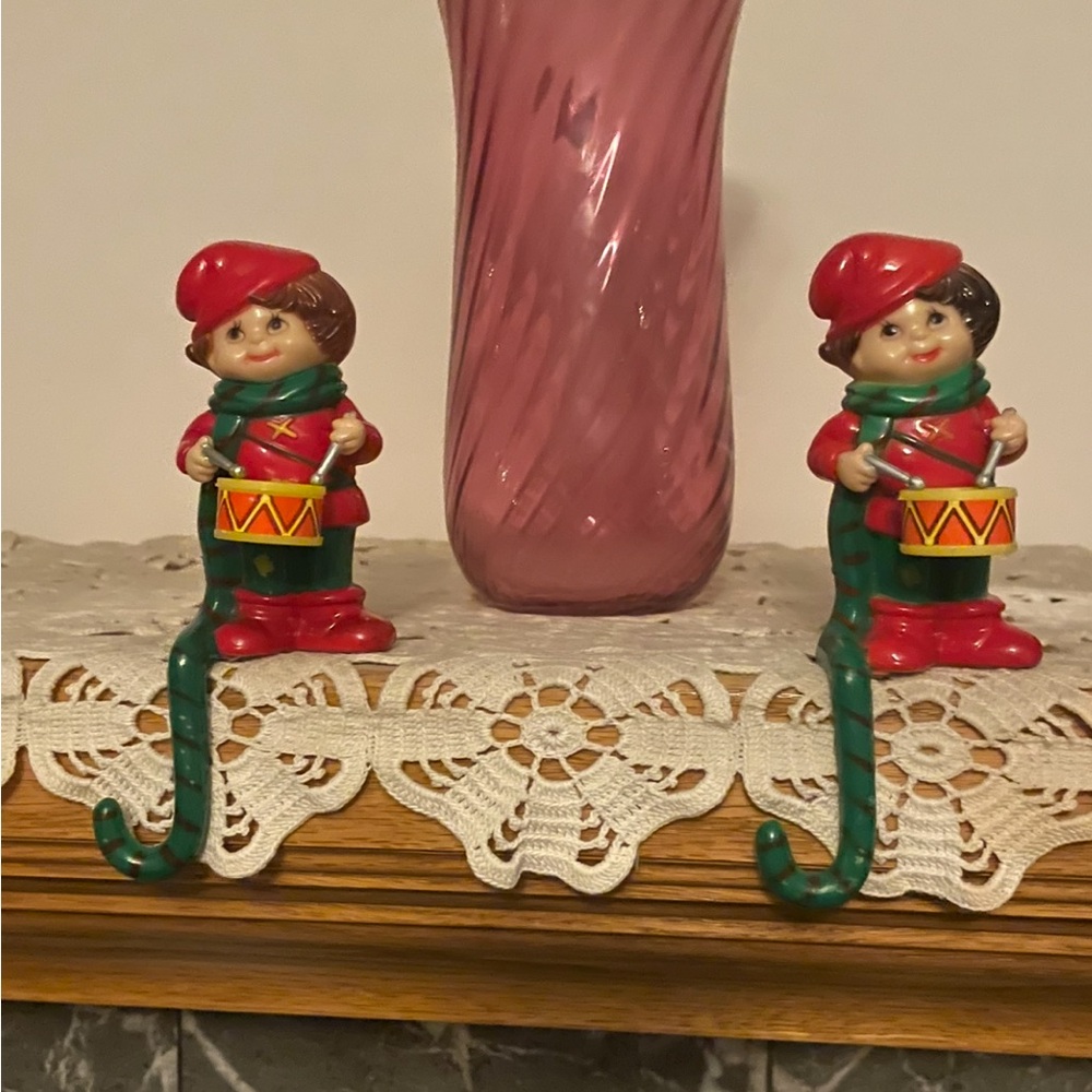 2 Vintage Plastic Christmas drummer boy Stocking Hanger Shelf Sitter Hong Kong